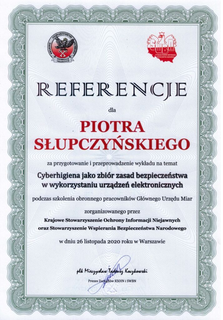 Referencje dla Piotra Słupczyńskiego - cyberhigiena.