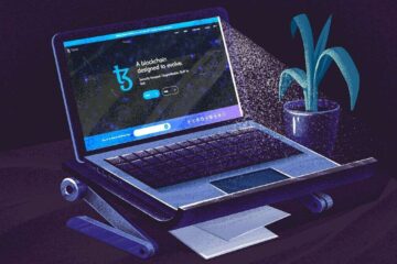 Grafika przedstawiająca laptop z otwartym blockchain, umożliwiającym bezpieczne transakcje kryptowalut.